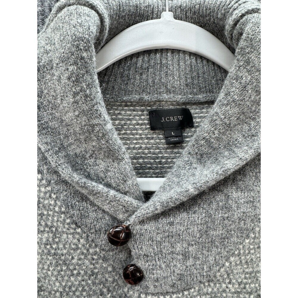J Crew 100% Lambswool Sweater Mens Large Gray Knit Shawl Collar Button Pocket - Picture 2 of 9